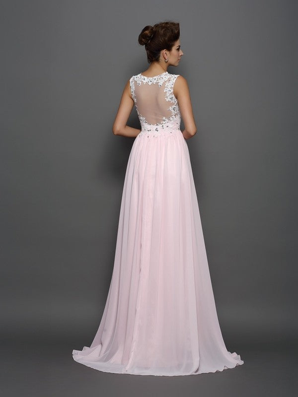 A-Line/Princess Straps Beading Sleeveless Applique Long Chiffon Dresses