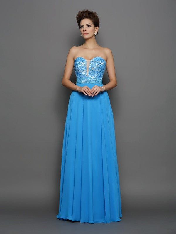 A-Line/Princess Sweetheart Applique Sleeveless Long Chiffon Dresses