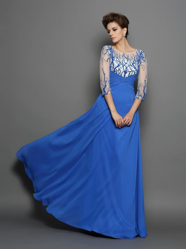 A-Line/Princess Scoop Applique 1/2 Sleeves Long Chiffon Dresses