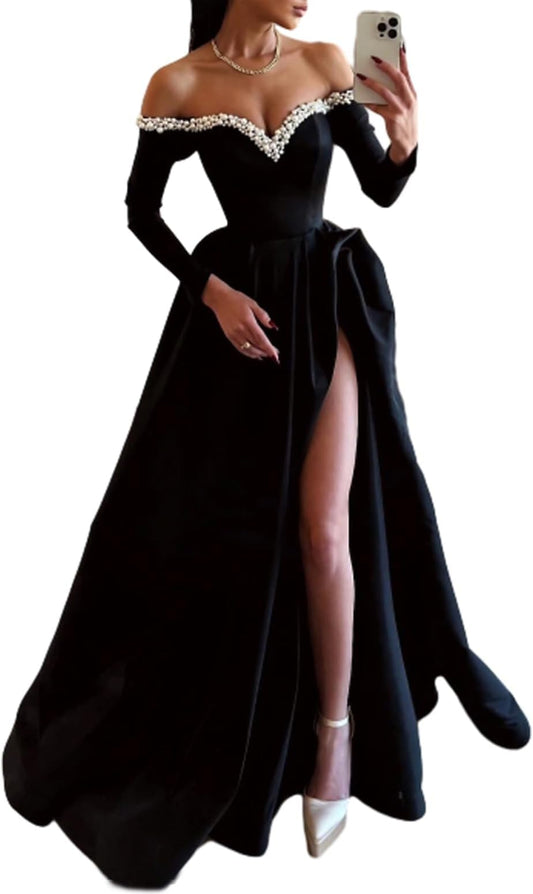 A-line sexy evening dress formal ball dress big swing/brush long sleeved off shoulder satin pearl slit 2024