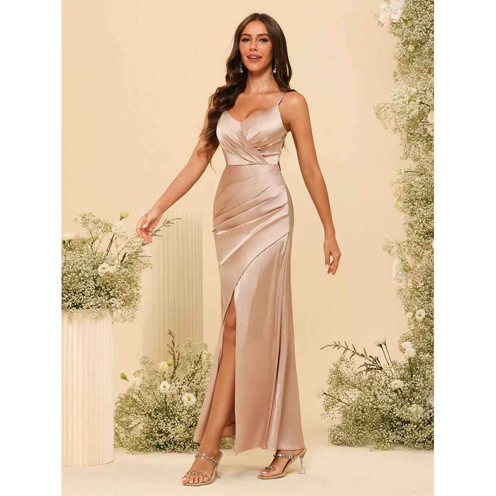 Sheath/Column V-Neck Long Formal Dresses With Split Side