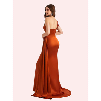 Sexy One Shoulder Sleeveless Mermaid Soft Satin Long Matron Of Honor Dress For Wedding