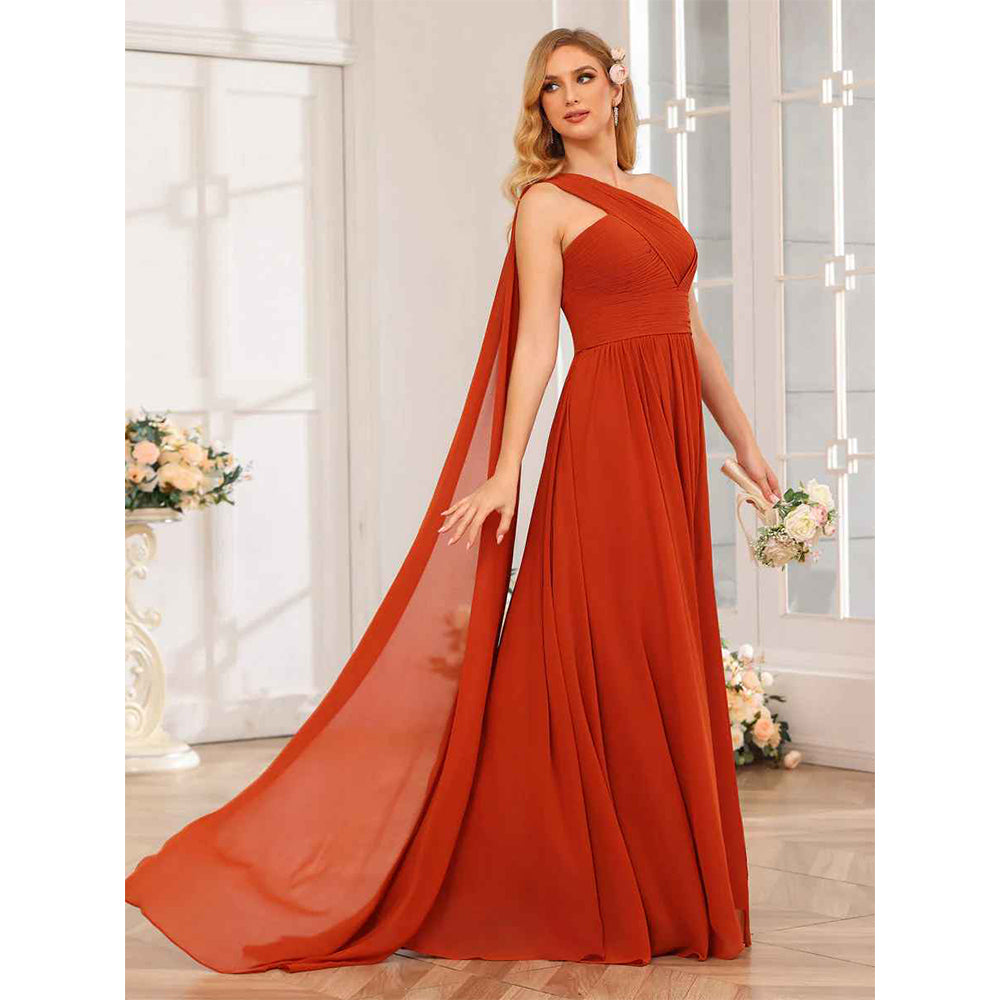 A-Line/Princess One-Shoulder Long Wedding Party Dresses With Watteau Train