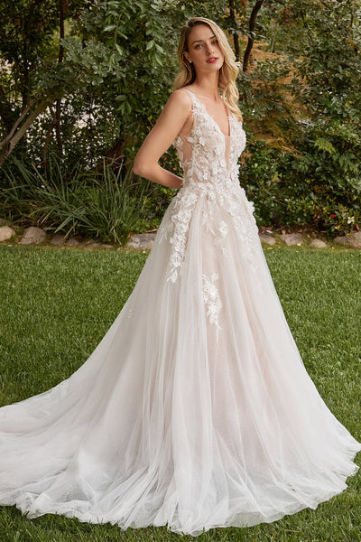 Elegant sleeveless dress with appliqu é lace 3D floral layered chiffon wedding dress