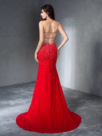 Trumpet/Mermaid Halter Beading Sleeveless Long Chiffon Dresses