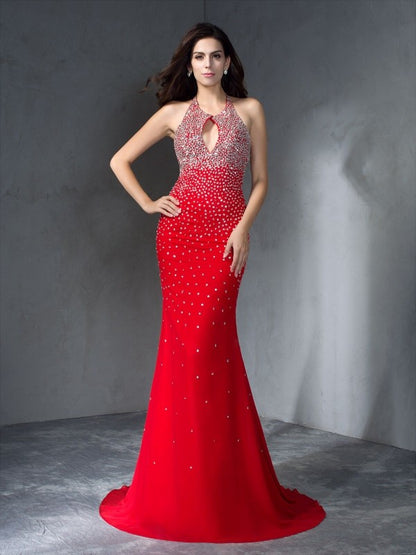 Trumpet/Mermaid Halter Beading Sleeveless Long Chiffon Dresses