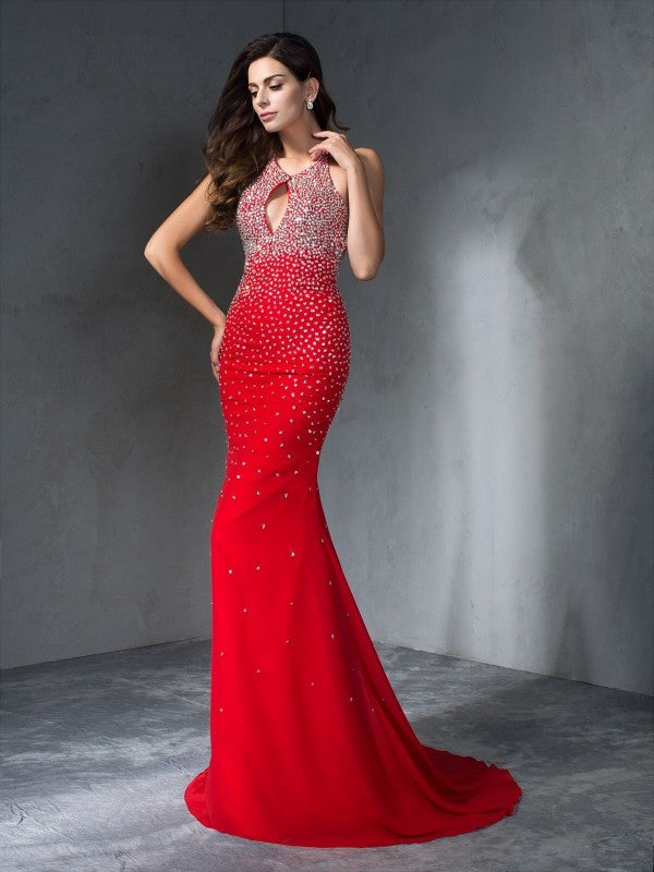 Trumpet/Mermaid Halter Beading Sleeveless Long Chiffon Dresses