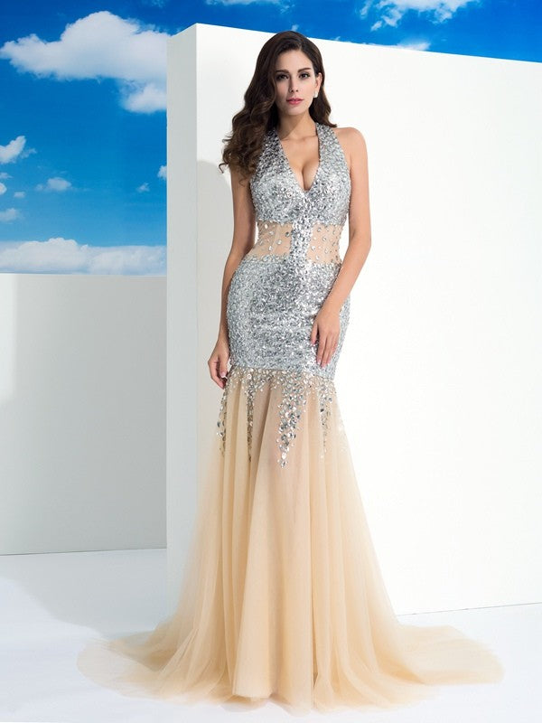 Sheath/Column Halter Paillette Sleeveless Long Net Dresses