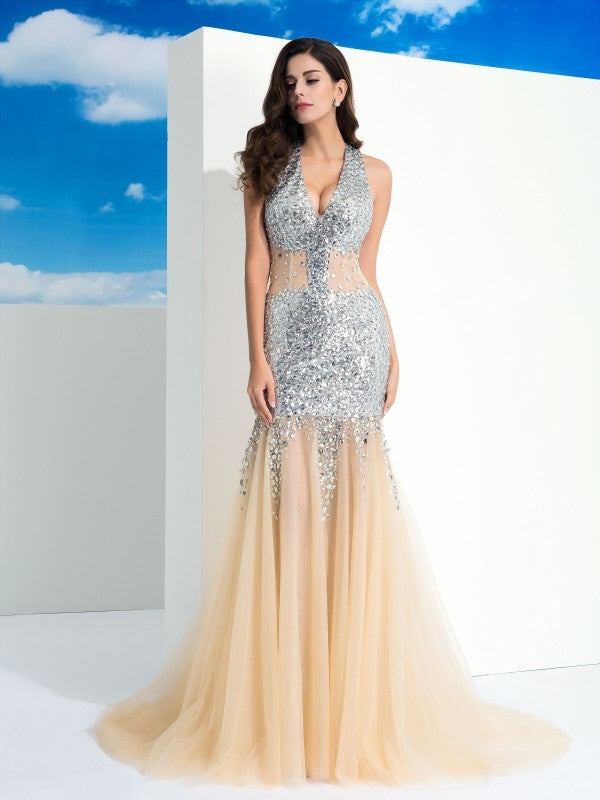 Sheath/Column Halter Paillette Sleeveless Long Net Dresses