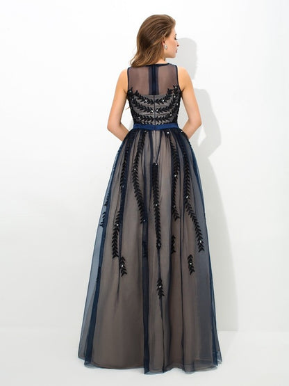 A-Line/Princess Sheer Neck Applique Sleeveless Long Tulle Dresses