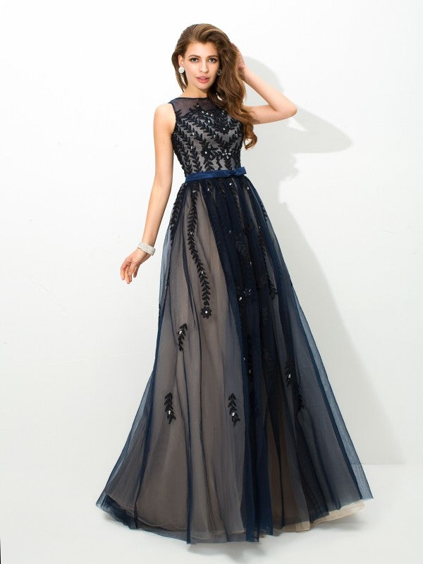 A-Line/Princess Sheer Neck Applique Sleeveless Long Tulle Dresses