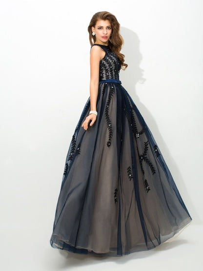 A-Line/Princess Sheer Neck Applique Sleeveless Long Tulle Dresses