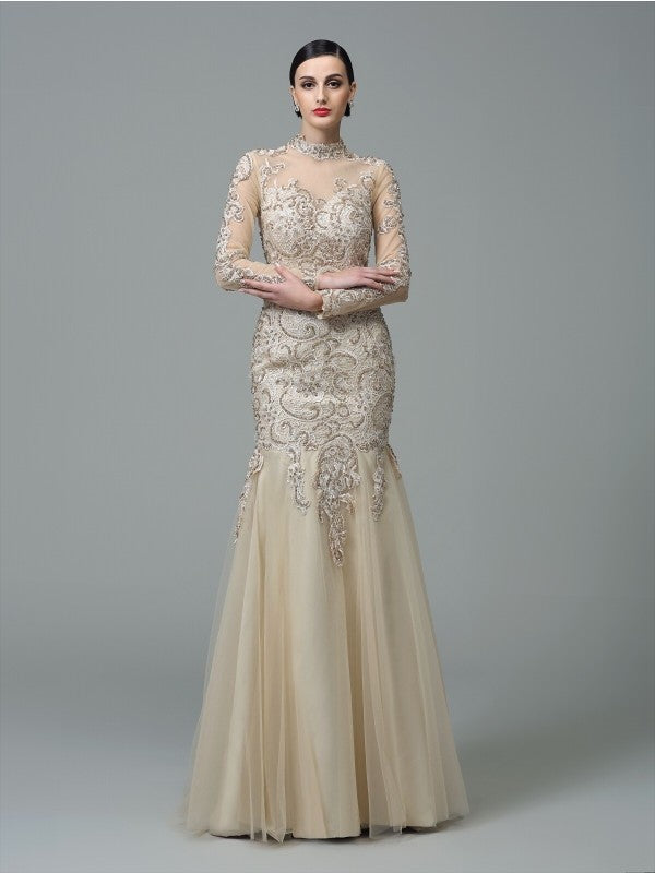 Sheath/Column High Neck Applique Long Sleeves Long Net Dresses