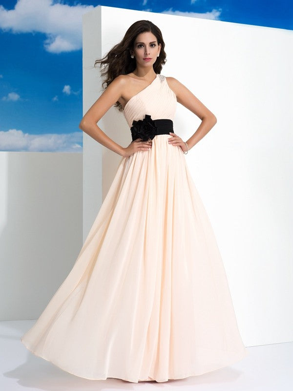 A-Line/Princess One-Shoulder Sash/Ribbon/Belt Sleeveless Long Chiffon Dresses