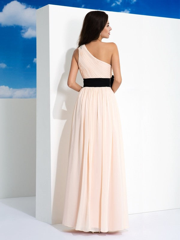 A-Line/Princess One-Shoulder Sash/Ribbon/Belt Sleeveless Long Chiffon Dresses