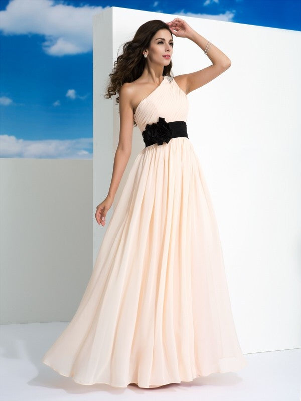 A-Line/Princess One-Shoulder Sash/Ribbon/Belt Sleeveless Long Chiffon Dresses