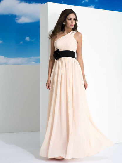 A-Line/Princess One-Shoulder Sash/Ribbon/Belt Sleeveless Long Chiffon Dresses