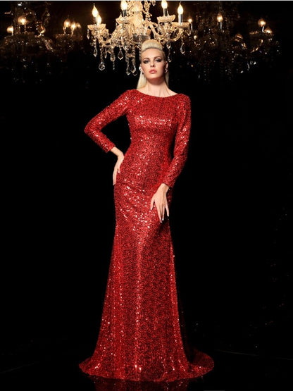 Sheath/Column Scoop Sequin Long Sleeves Long Sequins Dresses