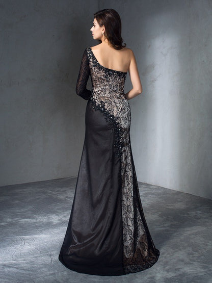 Trumpet/Mermaid One-Shoulder 3/4 Sleeves Long Lace Dresses