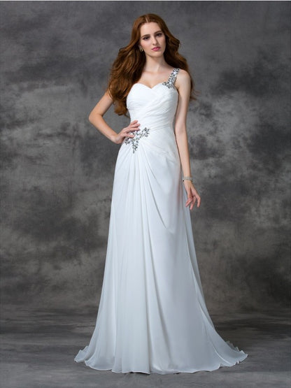 A-line/Princess One-Shoulder Beading Sleeveless Long Chiffon Dresses