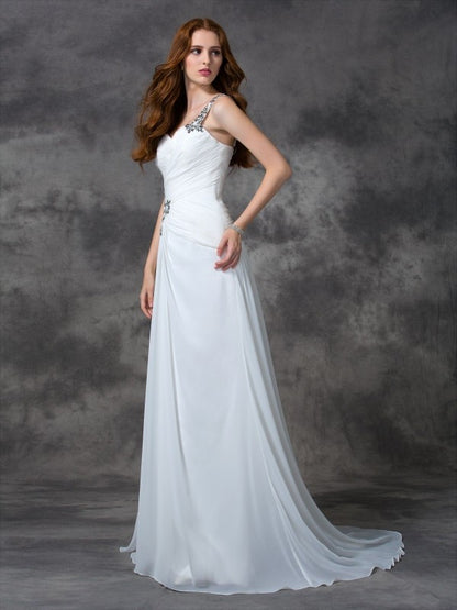 A-line/Princess One-Shoulder Beading Sleeveless Long Chiffon Dresses