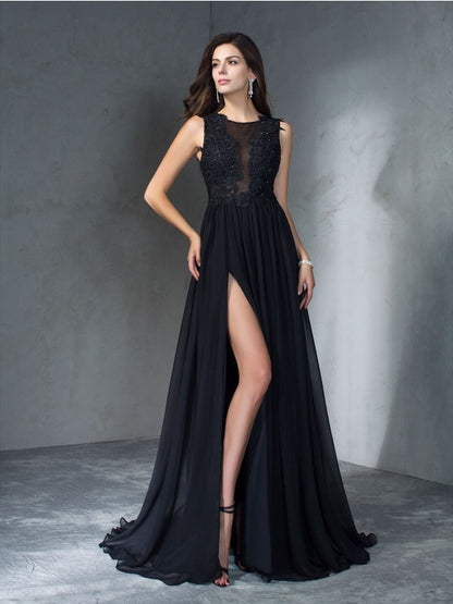 A-Line/Princess Scoop Applique Sleeveless Long Chiffon Dresses