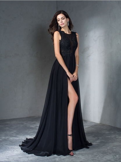 A-Line/Princess Scoop Applique Sleeveless Long Chiffon Dresses