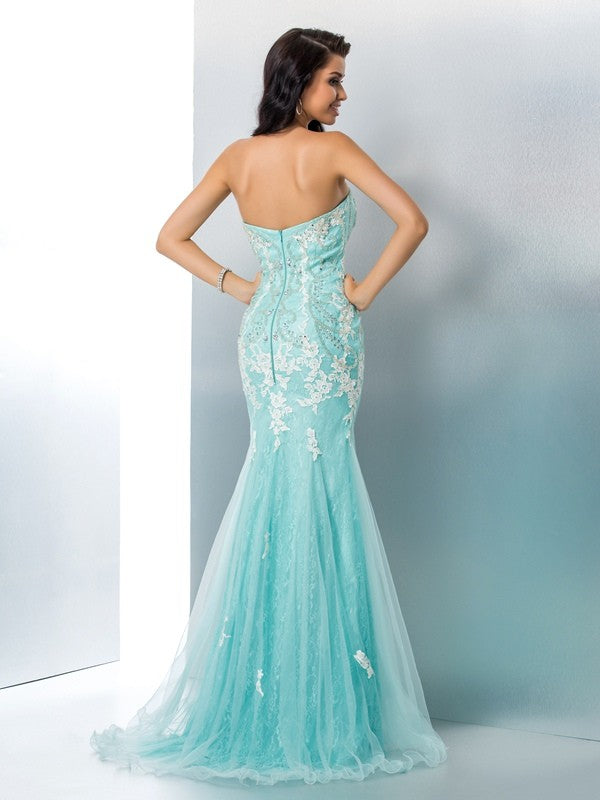 Trumpet/Mermaid Strapless Applique Sleeveless Long Lace Dresses