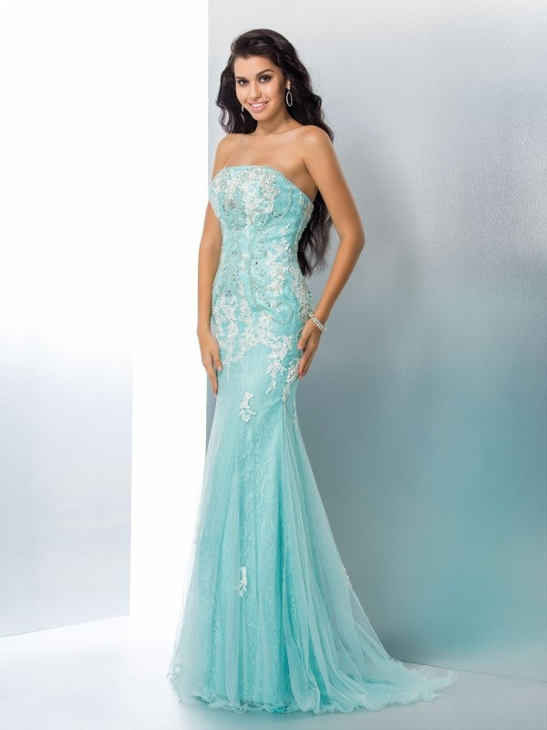 Trumpet/Mermaid Strapless Applique Sleeveless Long Lace Dresses