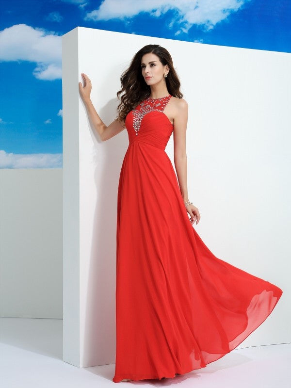 A-Line/Princess Sheer Neck Beading Sleeveless Long Chiffon Dresses