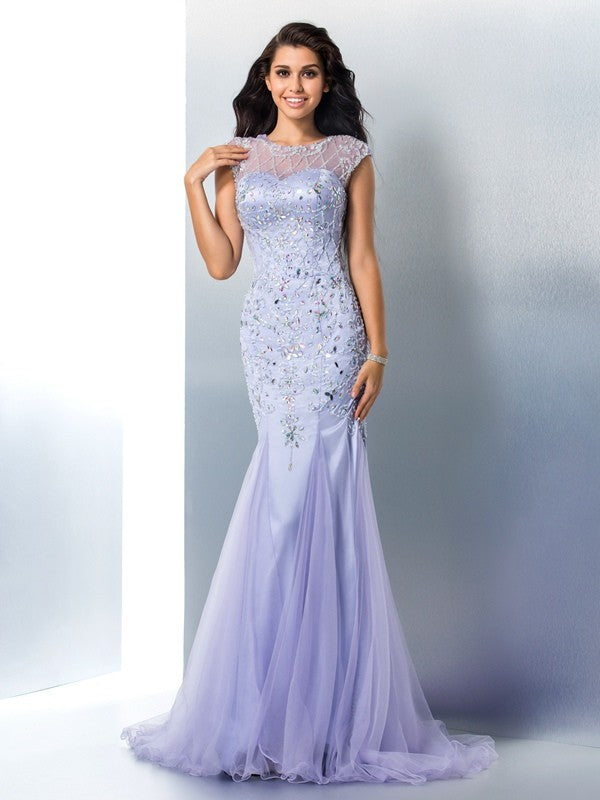 Trumpet/Mermaid Sheer Neck Beading Sleeveless Long Satin Dresses