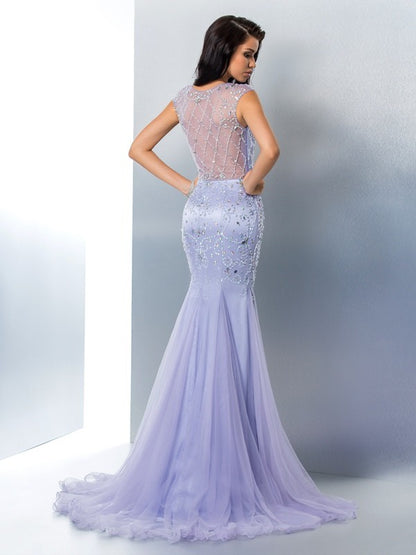 Trumpet/Mermaid Sheer Neck Beading Sleeveless Long Satin Dresses