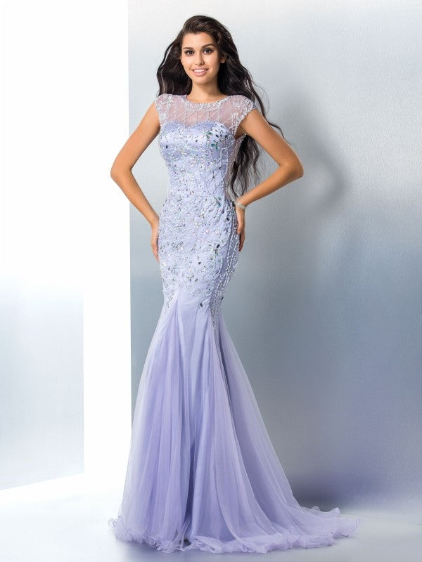 Trumpet/Mermaid Sheer Neck Beading Sleeveless Long Satin Dresses