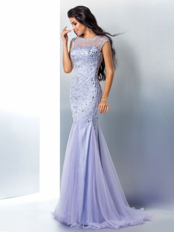 Trumpet/Mermaid Sheer Neck Beading Sleeveless Long Satin Dresses