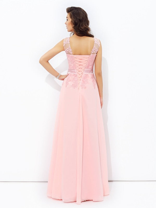 A-line/Princess Scoop Applique Sleeveless Long Chiffon Dresses