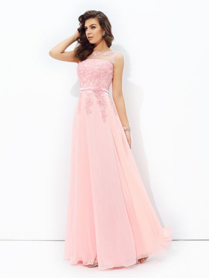 A-line/Princess Scoop Applique Sleeveless Long Chiffon Dresses