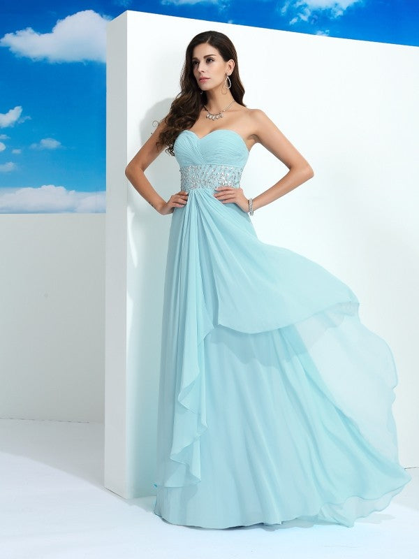 A-Line/Princess Sweetheart Beading Sleeveless Long Chiffon Dresses