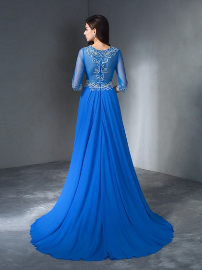 A-Line/Princess Scoop Beading 1/2 Sleeves Long Chiffon Dresses