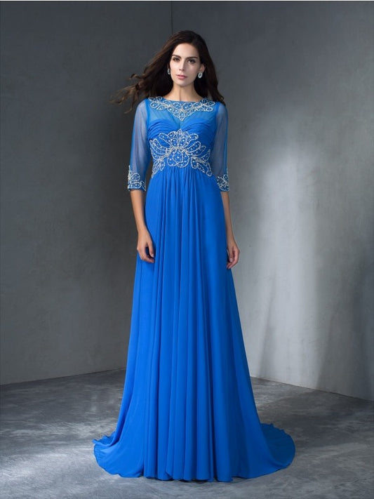 A-Line/Princess Scoop Beading 1/2 Sleeves Long Chiffon Dresses