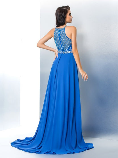 A-Line/Princess Scoop Beading Long Sleeveless Chiffon Dresses