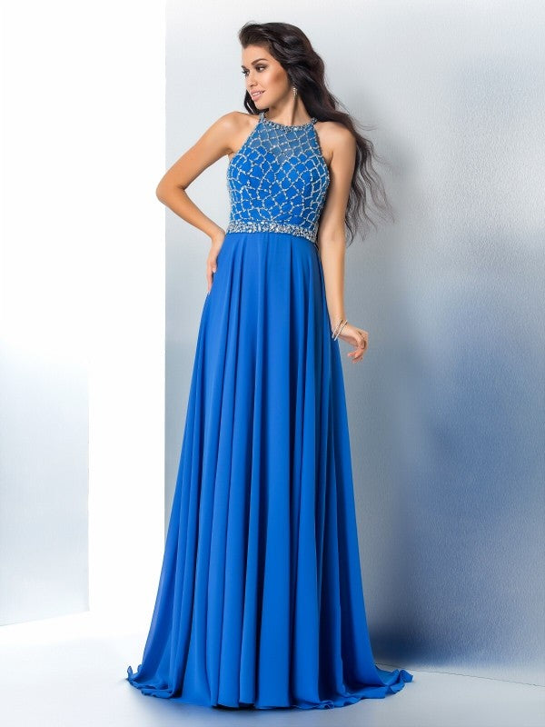 A-Line/Princess Scoop Beading Long Sleeveless Chiffon Dresses