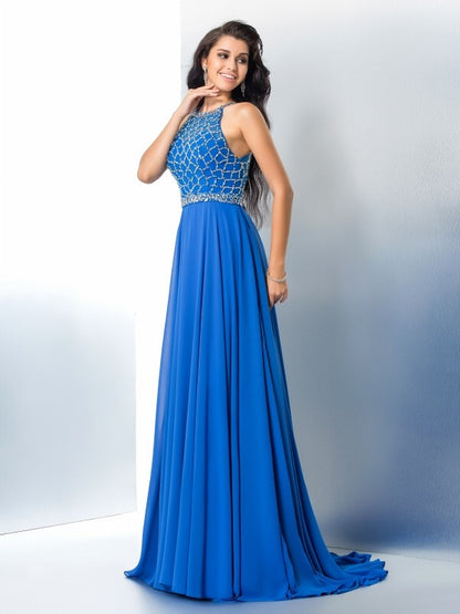 A-Line/Princess Scoop Beading Long Sleeveless Chiffon Dresses