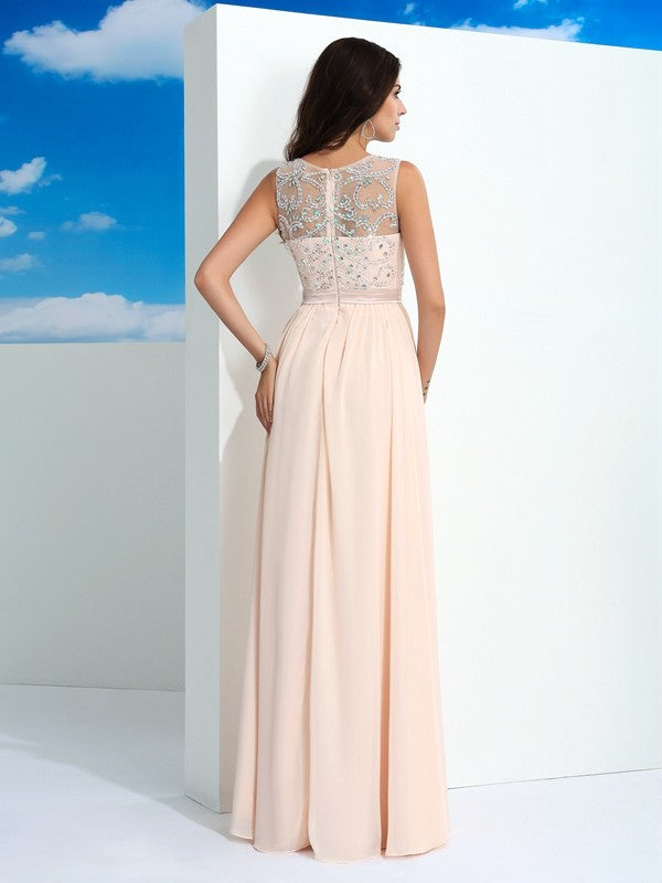 A-Line/Princess Sheer Neck Beading Sleeveless Long Chiffon Dresses