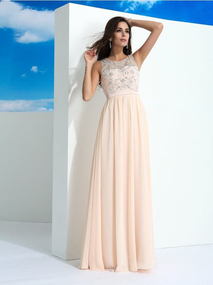 A-Line/Princess Sheer Neck Beading Sleeveless Long Chiffon Dresses