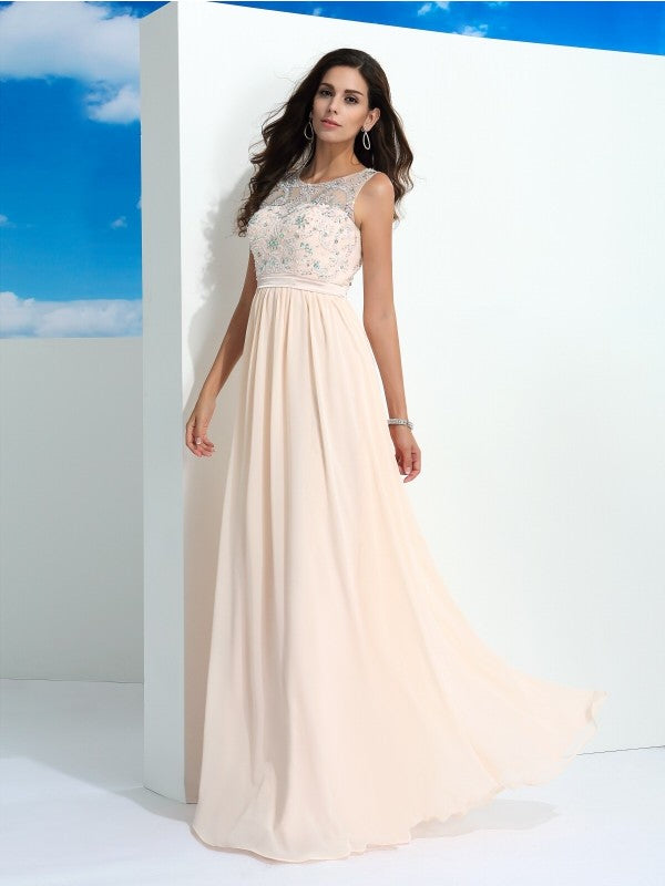 A-Line/Princess Sheer Neck Beading Sleeveless Long Chiffon Dresses