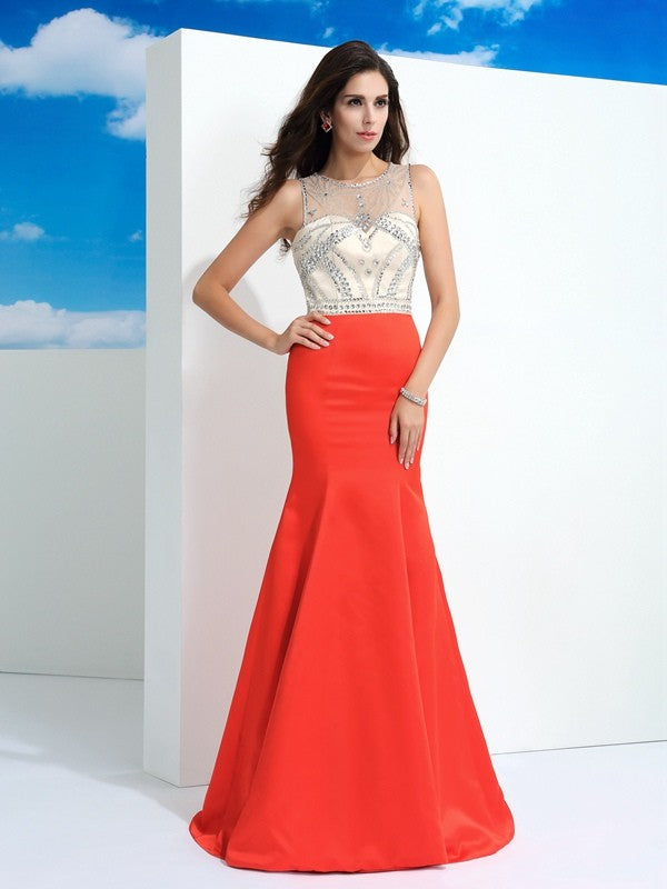 Trumpet/Mermaid Sheer Neck Beading Sleeveless Long Satin Dresses