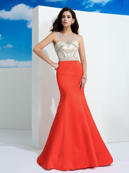 Trumpet/Mermaid Sheer Neck Beading Sleeveless Long Satin Dresses