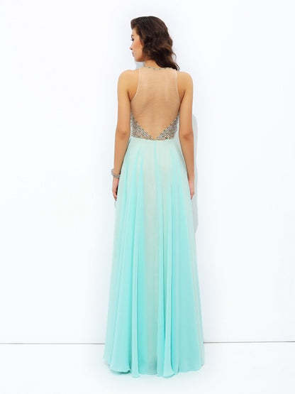 A-line/Princess Jewel Beading Sleeveless Long Chiffon Dresses