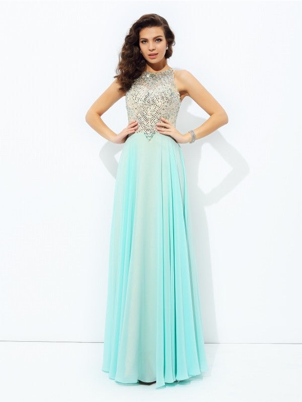 A-line/Princess Jewel Beading Sleeveless Long Chiffon Dresses