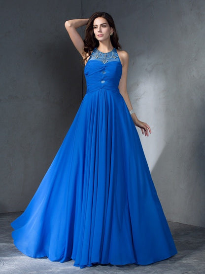 A-Line/Princess Scoop Beading Sleeveless Long Chiffon Dresses